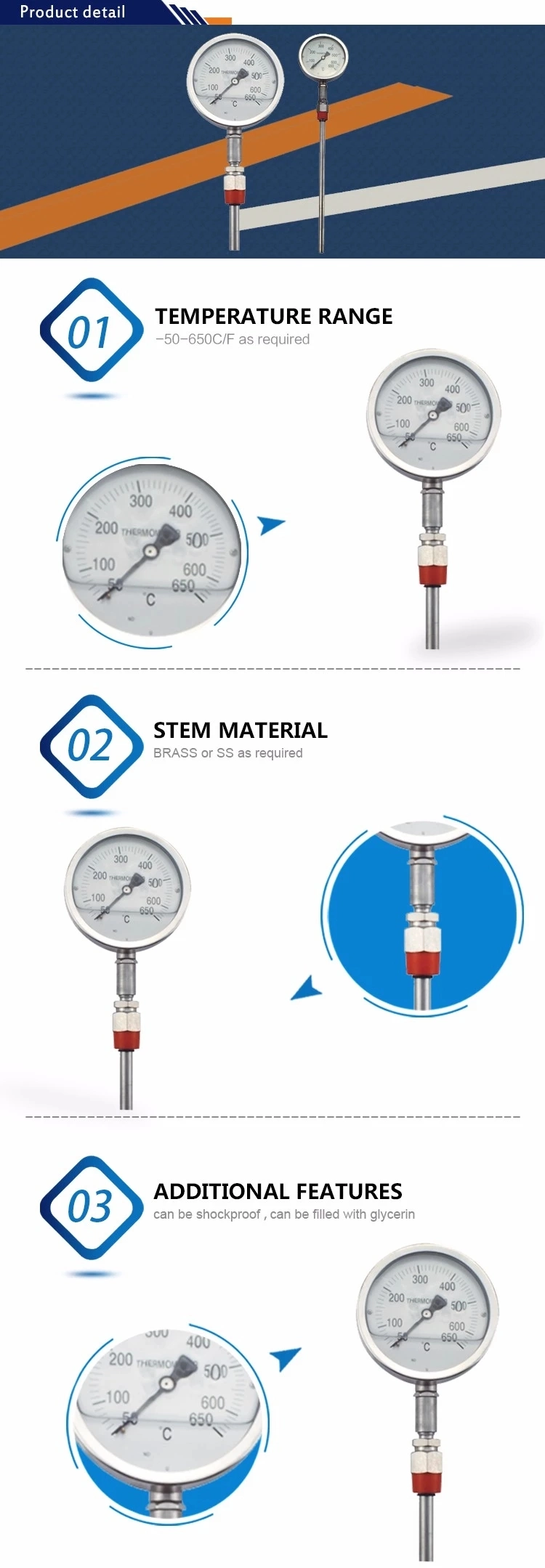 Stainless Steel Industrial Bimetallic Dial Bimetal Theory Instant Probe Thermometer